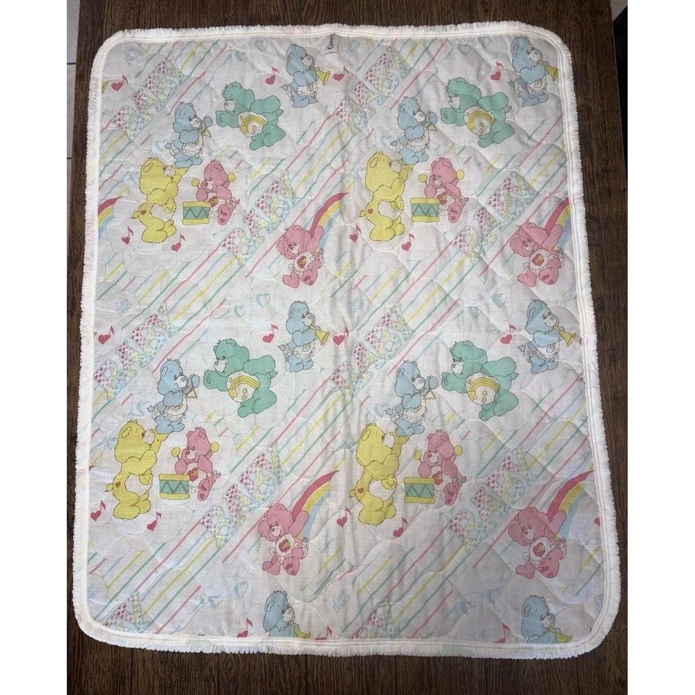 Vintage 1980s Curity Care Bears Quilted Pastel Music Baby Blanket